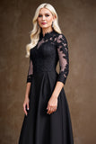 Black Illusion Neck A Line Satin Long Mother of the Bride Dress