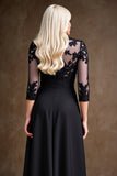 Black Illusion Neck A Line Satin Long Mother of the Bride Dress