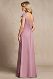 Vintage Mauve A Line Long Mother of Bride Dress with Cap Sleeves