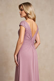 Vintage Mauve A Line Long Mother of Bride Dress with Cap Sleeves