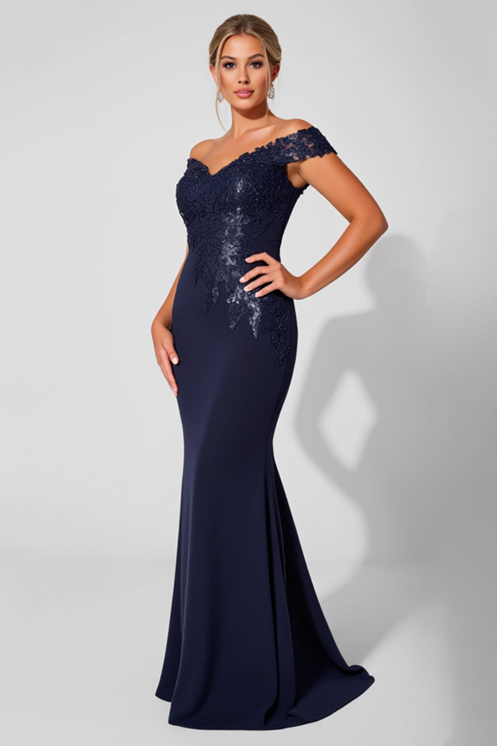 Sparkly Navy Off the Shoulder Long Mermaid Mother of the Bride Dress
