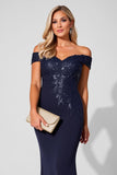 Sparkly Navy Off the Shoulder Long Mermaid Mother of the Bride Dress