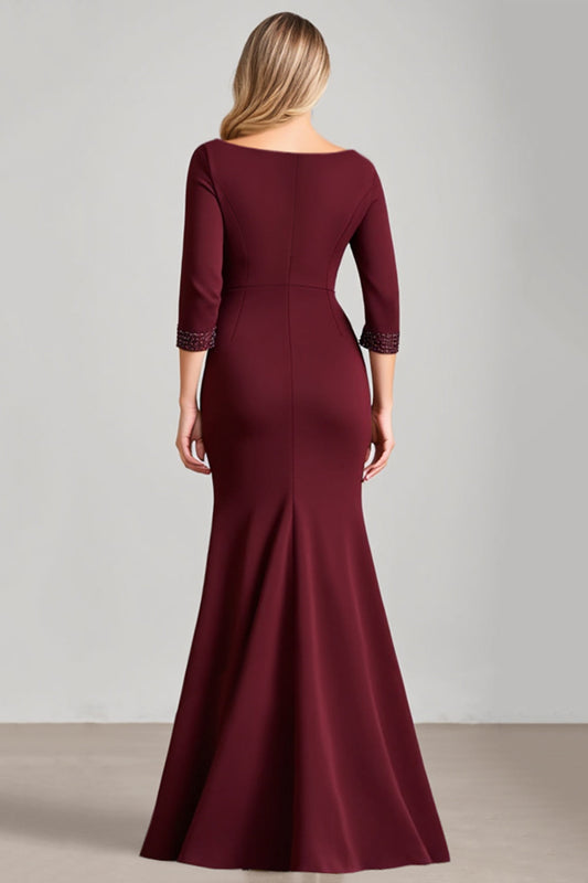Burgundy Satin Boat Neck Ruched Long Mother of the Bride Dress with Sleeves