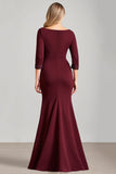 Burgundy Satin Boat Neck Ruched Long Mother of the Bride Dress with Sleeves