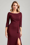 Burgundy Satin Boat Neck Ruched Long Mother of the Bride Dress with Sleeves