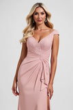 Blush Ruched Sheath V-Neck Long Mother of the Bride Dress with Slit