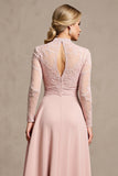 Candy Pink A Line Keyhole Mother of Bride Dress with Long Sleeves