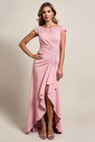 Blush Sheath Boat Neck Ruffled High-Low Mother of Bride Dress