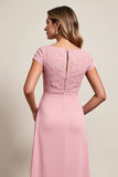Blush Sheath Boat Neck Ruffled High-Low Mother of Bride Dress