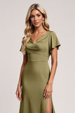 Olive Sheath V-Neck Satin Ruched Long Bridesmaid Dress with Sleeves