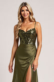 Sparkly Olive Satin Spaghetti Straps Backless Long Bridesmaid Dress with Slit