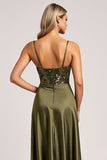 Sparkly Olive Satin Spaghetti Straps Backless Long Bridesmaid Dress with Slit