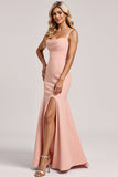 Blush Mermaid Spaghetti Straps Long Satin Bridesmaid Dress with Slit