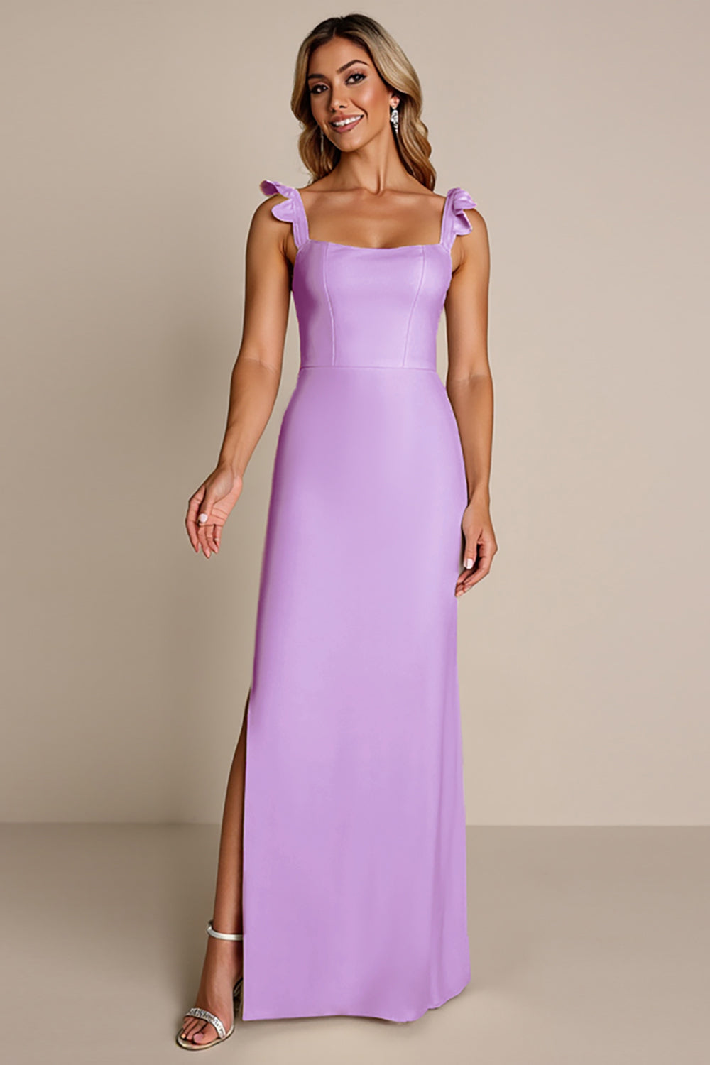 Lilac Sheath Square Neck Long Satin Bridesmaid Dress with Slit