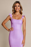 Lilac Sheath Square Neck Long Satin Bridesmaid Dress with Slit