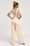 Satin Apricot V-Neck Long Bridesmaid Jumpsuit with Lace Appliques