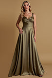 A Line Olive Satin Ruched Spaghetti Straps Long Bridesmaid Dress