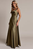 A Line Olive Satin Ruched Spaghetti Straps Long Bridesmaid Dress