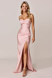 Blush Mermaid Satin Spaghetti Straps Long Bridesmaid Dress with Slit