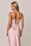 Blush Mermaid Satin Spaghetti Straps Long Bridesmaid Dress with Slit