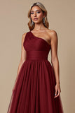 A Line Cabernet One Shoulder Tulle Long Bridesmaid Dress