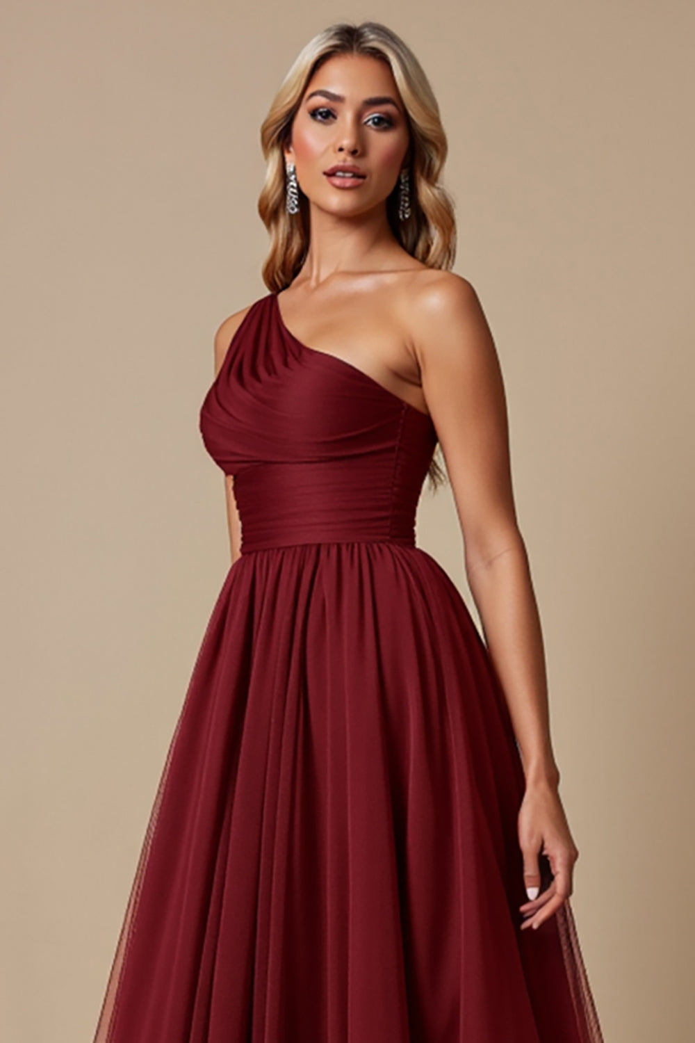 A Line Cabernet One Shoulder Tulle Long Bridesmaid Dress