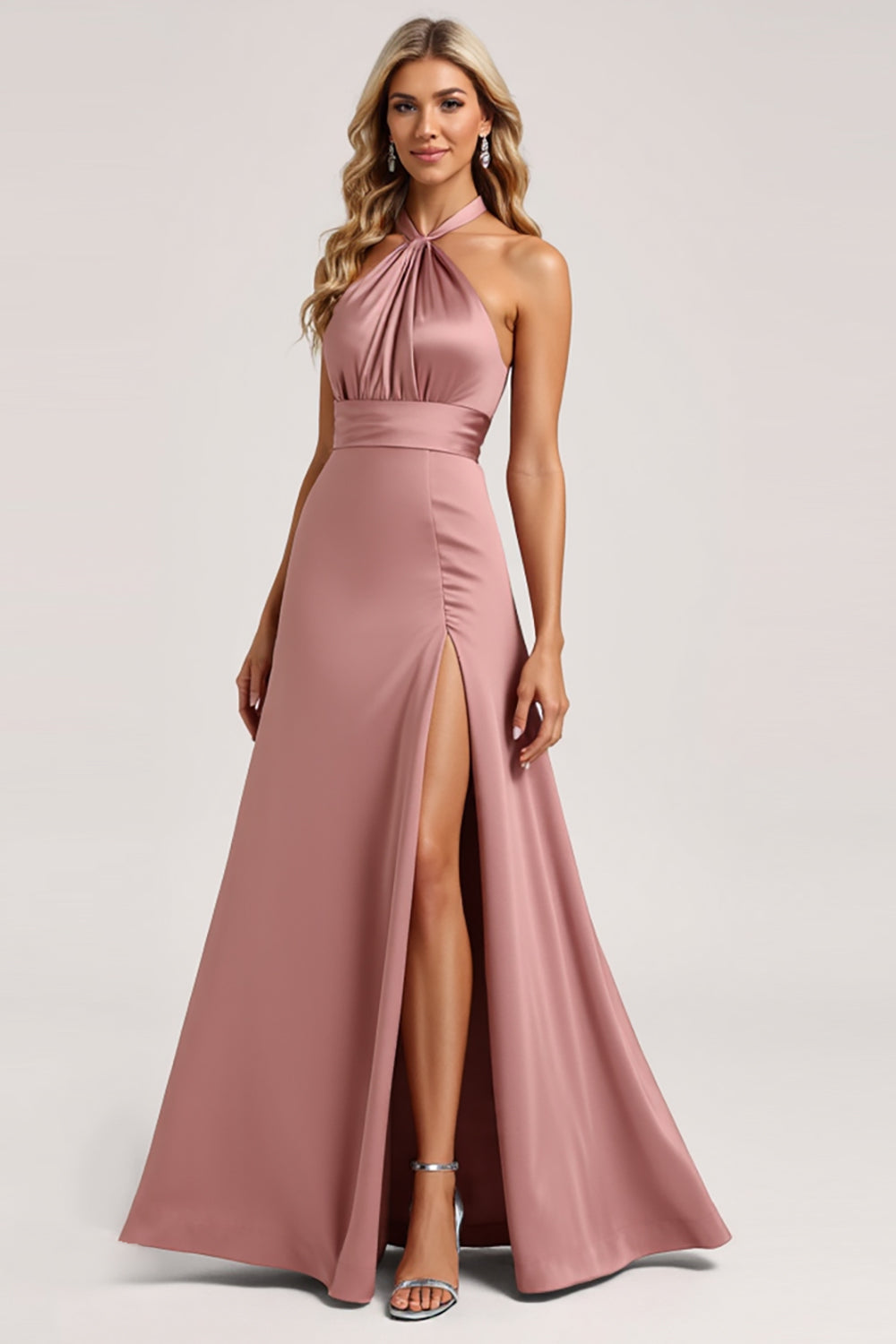 Dust Rose A Line Halter Long Satin Bridesmaid Dress with Slit