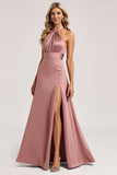 Dust Rose A Line Halter Long Satin Bridesmaid Dress with Slit