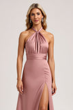 Dust Rose A Line Halter Long Satin Bridesmaid Dress with Slit