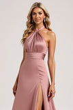 Dust Rose A Line Halter Long Satin Bridesmaid Dress with Slit