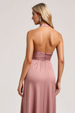 Dust Rose A Line Halter Long Satin Bridesmaid Dress with Slit