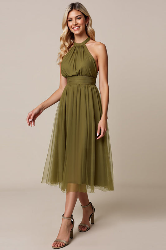 Olive A Line Pleated Halter Long Tulle Bridesmaid Dress
