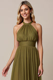 Olive A Line Pleated Halter Long Tulle Bridesmaid Dress