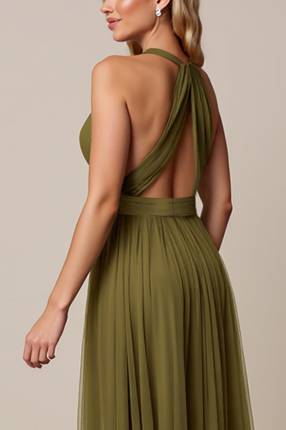Olive A Line Pleated Halter Long Tulle Bridesmaid Dress