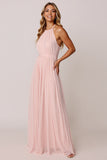 Candy Pink A Line Halter Long Bridesmaid Dress with Pleated
