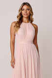 Candy Pink A Line Halter Long Bridesmaid Dress with Pleated