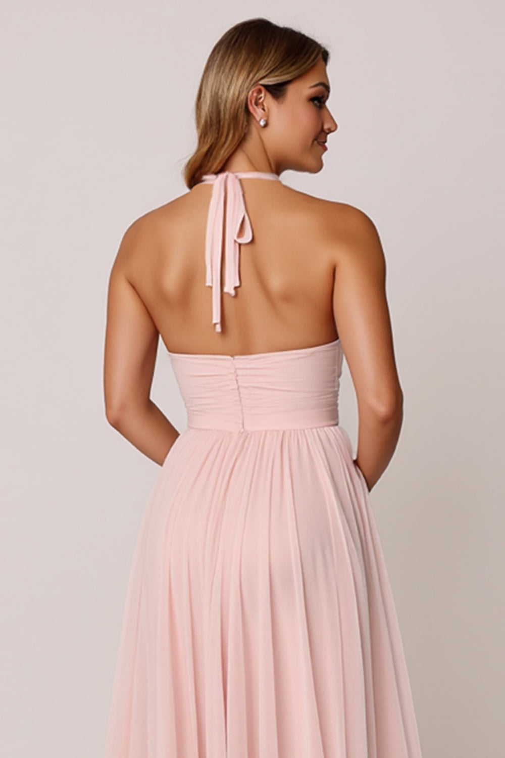 Candy Pink A Line Halter Long Bridesmaid Dress with Pleated