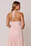 Candy Pink A Line Halter Long Bridesmaid Dress with Pleated