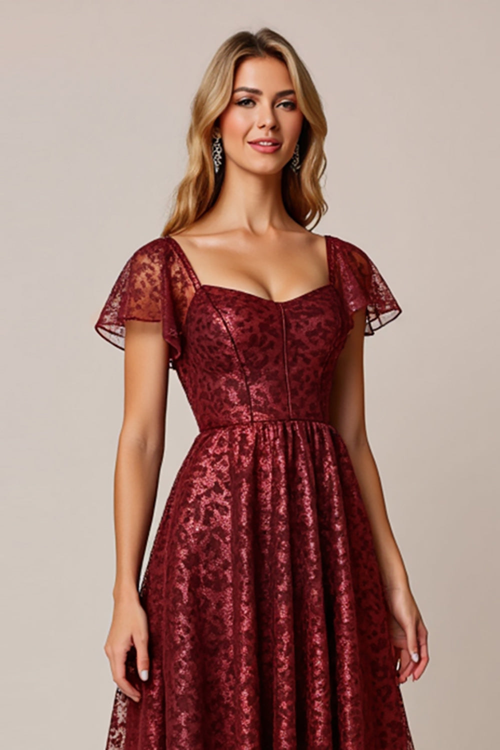 Sparkly Cabernet A Line Appliqued Long Bridesmaid Dress with Sleeves