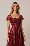 Sparkly Cabernet A Line Appliqued Long Bridesmaid Dress with Sleeves