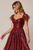 Sparkly Cabernet A Line Appliqued Long Bridesmaid Dress with Sleeves