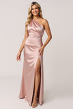 Satin Dusty Rose Sheath One Shoulder Long Bridesmaid Dress with Slit