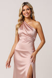 Satin Dusty Rose Sheath One Shoulder Long Bridesmaid Dress with Slit