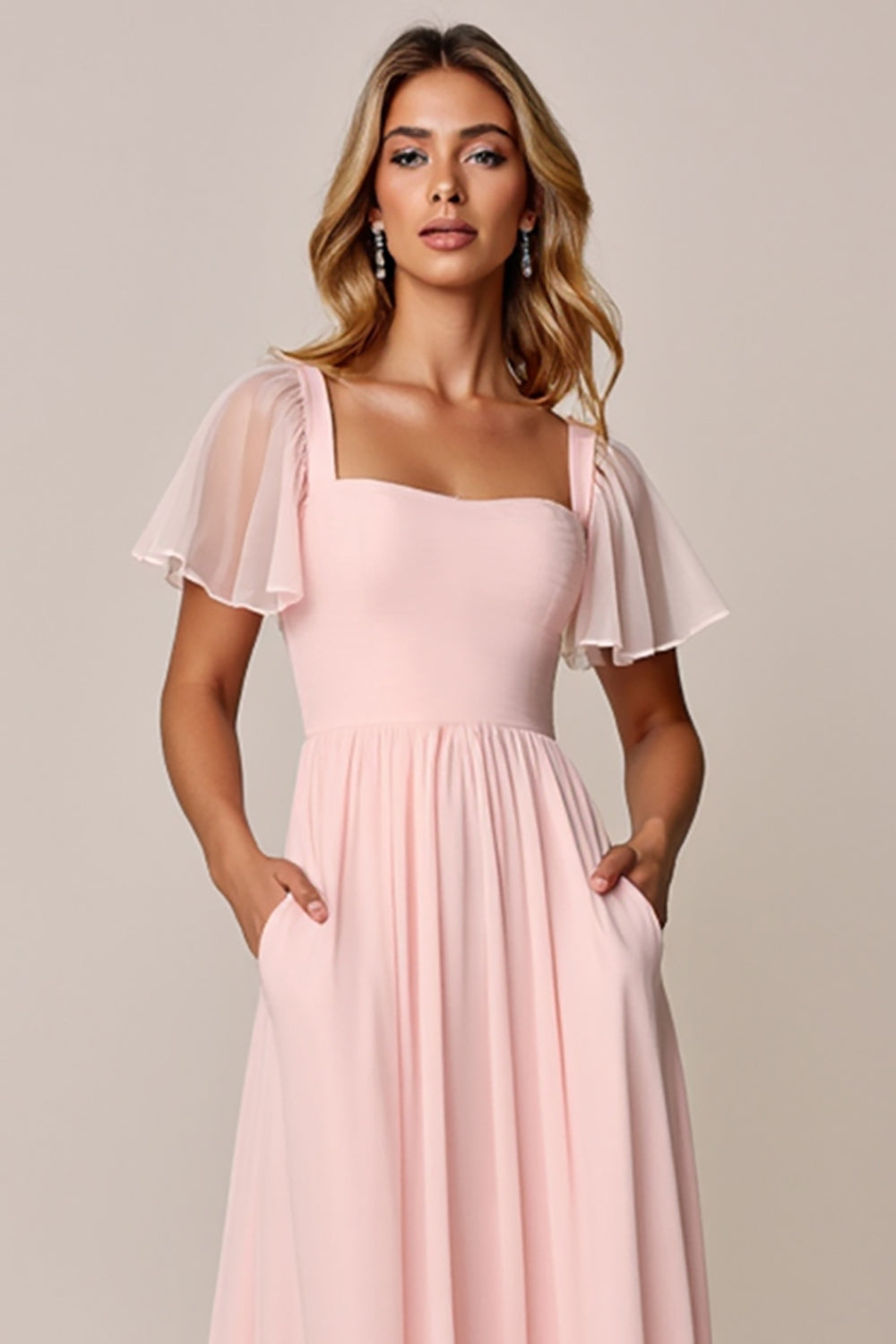 Candy Pink A Line Chiffon Long Bridesmaid Dress with Short Sleeves