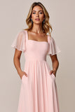Candy Pink A Line Chiffon Long Bridesmaid Dress with Short Sleeves