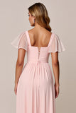 Candy Pink A Line Chiffon Long Bridesmaid Dress with Short Sleeves