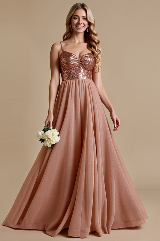 Sparkly Dusty Rose Spaghetti Straps A Line Long Bridesmaid Dress