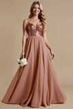 Sparkly Dusty Rose Spaghetti Straps A Line Long Bridesmaid Dress