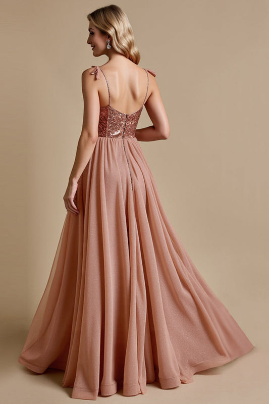 Sparkly Dusty Rose Spaghetti Straps A Line Long Bridesmaid Dress