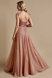 Sparkly Dusty Rose Spaghetti Straps A Line Long Bridesmaid Dress